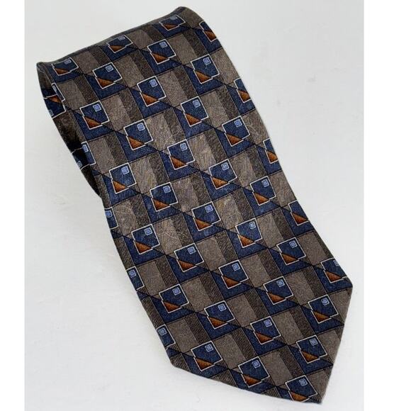 Zanzara Men's Necktie 100% Silk Allover Square Geometric Print Brown Blue Retro - Picture 1 of 6